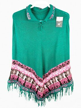 Peruvian Alpaca Poncho Wool Knit Llama Campana Peruvian Hand Made green Size M